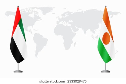 Banderas de los Emiratos Árabes Unidos y Níger para una reunión oficial en el fondo del mapa mundial.