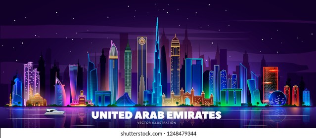 Ilustración del horizonte nocturno de los Emiratos Árabes Unidos sobre un fondo oscuro. Ilustración vectorial plana. Concepto de viajes de negocios y turismo con edificios modernos. Imagen para banner o sitio web.