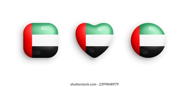 Iconos Glossy De La Bandera Nacional Oficial De Los Emiratos Árabes Unidos En La Plaza Rodada, El Corazón Y El Círculo Se Aislan Sobre El Blanco. Firma De Emiratos Árabes Unidos Y Símbolos Diseño Gráfico Elementos Colección De Botones Volátiles