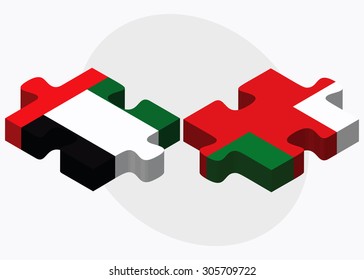 United Arab Emirates and Oman Flags in puzzle isolated on white background