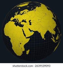 United Arab Emirates on Globe. Country view on the world map in Charcoal Bright Yellow color palette. United Arab Emirates shape on map. Globe with meridians, parallels, countries, rivers and lakes.