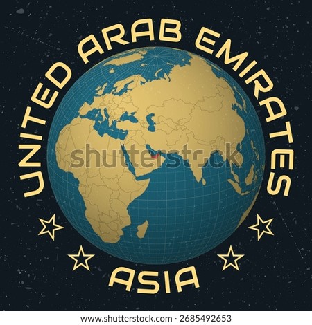 United Arab Emirates on Globe. Country name round text. Vintage look with grunge scratched texture. Country view on world map in Sky Blue Light Yellow color palette. United Arab Emirates shape on map.