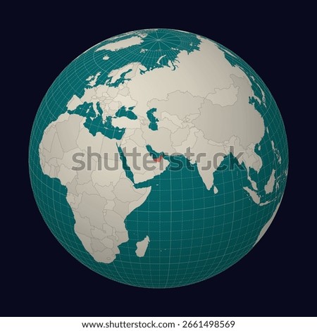 United Arab Emirates on the map. Globe centered to United Arab Emirates. Country location on the world map. Teal Pale Mint color palette. Globe with countries, meridians and parallels.