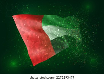 United Arab Emirates, on vector 3d flag on green background with polygons and data numbers