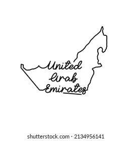 Mapa de esquema de los Emiratos Árabes Unidos con el nombre del país escrito a mano. Dibujo continuo de la línea del signo patriótico del hogar. Un amor por una pequeña patria. La idea de imprimir camisetas. Ilustración vectorial.