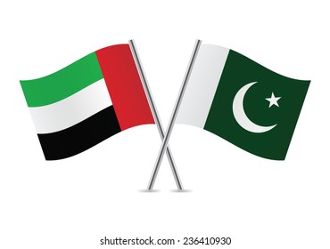 The United Arab Emirates and Pakistan crossed flags. UAE and Pakistani flags, isolated on white background. Vector icon set. Vector illustration.