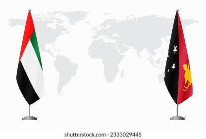 United Arab Emirates and Papua New Guinea flags for official meeting against background of world map.