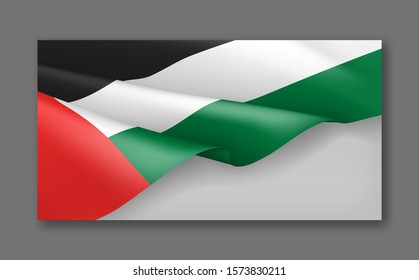 United Arab Emirates patriotic horizontal web banner with 3d flag. Realistic fluttering arabic flag on grey background. UAE national day vector card with copy space. Official holiday celebration.