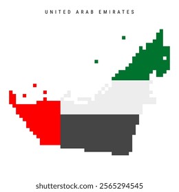 United Arab Emirates pixel flag map icon. 8 bit pixel art UAE map covered with flag. Flat vector illustration isolated on white background.