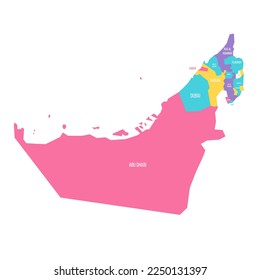 Mapa político de divisiones administrativas de los Emiratos Árabes Unidos - emiratos. Mapa vectorial colorido con etiquetas.