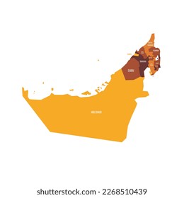 United Arab Emirates political map of administrative divisions - emirates. Flat vector map with name labels. Brown - orange color scheme.