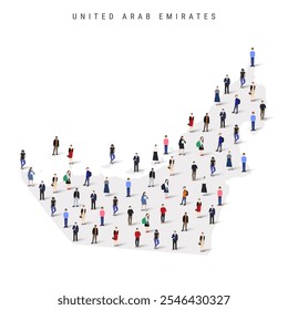 United Arab Emirates population map. Large group of realistic a diverse crowd of people figures in a shape of UAE map. Flat vector illustration isolated on white.