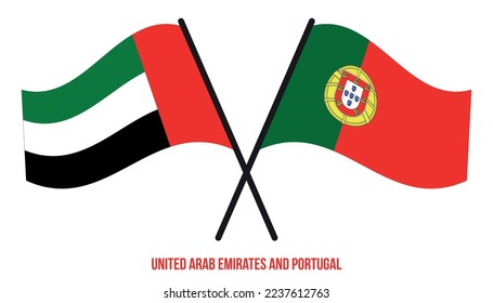 United Arab Emirates and Portugal Flags Crossed And Waving Flat Style. Official Proportion.