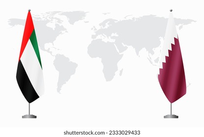 United Arab Emirates and Qatar flags for official meeting against background of world map.