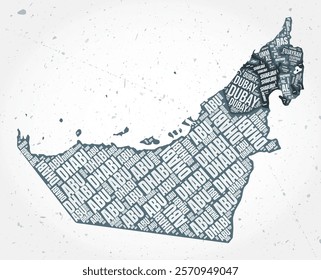 United Arab Emirates regions word cloud in a typographic style, shaped like the country on a textured background. Elegant vector illustration.