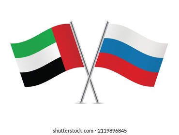 The United Arab Emirates and Russia crossed flags. UAE and Russian flags isolated on white background. Vector illustration.