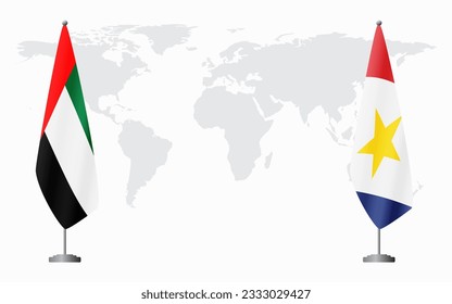 United Arab Emirates and Saba flags for official meeting against background of world map.