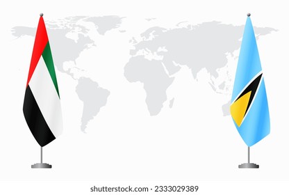 United Arab Emirates and Saint Lucia flags for official meeting against background of world map.