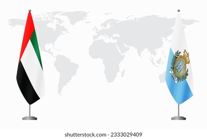 United Arab Emirates and San Marino flags for official meeting against background of world map.