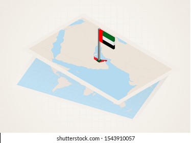 United Arab Emirates selected on map with isometric flag of UAE.  Vector paper map.
