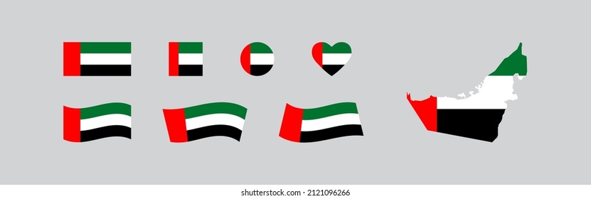 Los Emiratos Árabes Unidos marcan la bandera y el mapa. Icono de país de los EAU. Ilustración plana aislada por vectores