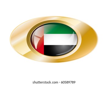 United arab emirates shiny button flag with golden ring vector illustration. Isolated abstract object against white background.