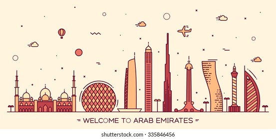 United Arab Emirates skyline, detailed silhouette. Trendy vector illustration, linear style