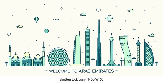 United Arab Emirates skyline, detailed silhouette. Trendy vector illustration, linear style