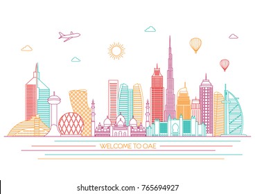 	
United Arab Emirates skyline detailed silhouette. Line art vector illustration