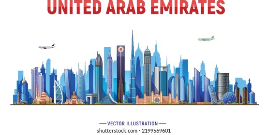 United Arab Emirates skyline illustration on a white background. Flat vector illustration. Business travel and tourism concept with modern buildings. Image for banner or web site.