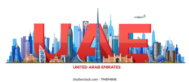 United Arab Emirates skyline illustration on a white background. Flat vector illustration. Business travel and tourism concept with modern buildings. Image for banner or web site.