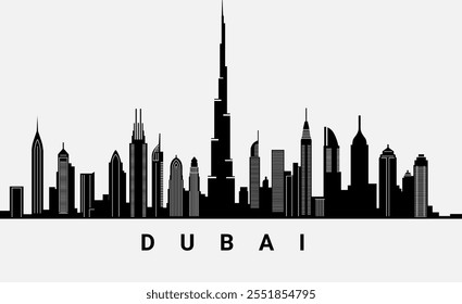 Silueta de los Lugares famosos del skyline de los Emiratos Árabes Unidos, diseño negro de la Ilustración vectorial UAE