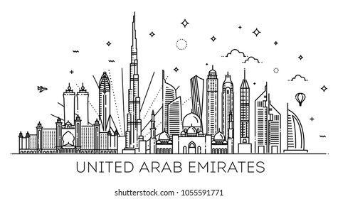 United Arab Emirates skyline with panorama in sky background. Vector Illustration. Business travel and tourism concept with modern buildings. Image for banner or web site.