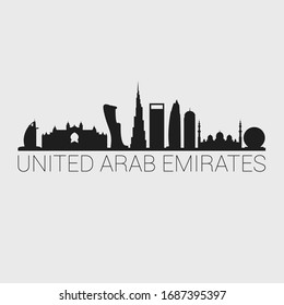 Línea aérea de los Emiratos Árabes Unidos en Silhouette City. Vector de diseño. Famosos Monumentos Turismo Viajan. Edificios Tour Landmark.