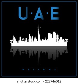 United Arab Emirates, skyline silhouette vector design on parliament blue and black background.