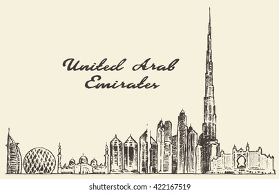 United Arab Emirates skyline, vintage vector engraved illustration, hand drawn, sketch