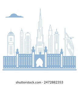 United Arab Emirates skyscrapers silhouette. Dubai buildings, hotels and symbol vector illustration. Dubai city skyline. Towers and landmarks cityscape. Camel. Design for banner, poster or print.