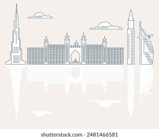 Silueta de rascacielos de Emiratos Árabes Unidos. Edificios de Dubái, hoteles y Ilustración vectorial simbólica. El horizonte de Dubái. Torres y Lugares famosos paisaje urbano. Camello. Diseño para Anuncio, póster o estampado.