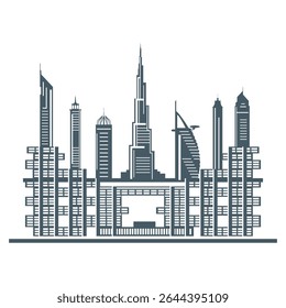 United Arab Emirates skyscrapers silhouette. Dubai buildings, hotels and symbol vector illustration. Dubai city skyline. Towers and landmarks cityscape. Camel. Design for banner, poster or print.