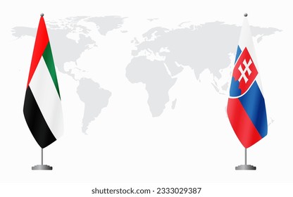 United Arab Emirates and Slovakia flags for official meeting against background of world map.