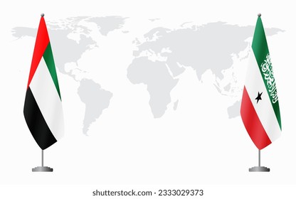 United Arab Emirates and Somaliland flags for official meeting against background of world map.