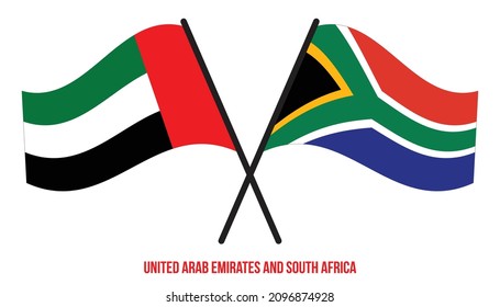 United Arab Emirates and South Africa Flags Crossed And Waving Flat Style. Official Proportion.