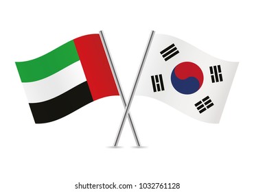 The United Arab Emirates and South Korea crossed flags. UAE and South Korean flags on white background. Vector icon set. Vector illustration.