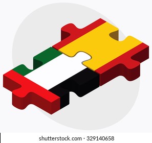 United Arab Emirates and Spain Flags in puzzle isolated on white background