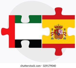 United Arab Emirates and Spain Flags in puzzle isolated on white background