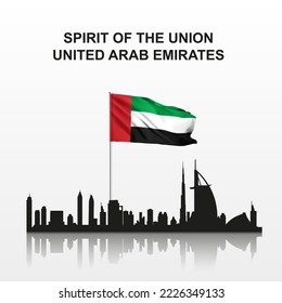 United Arab Emirates - Spirit of the Union. National holidays background. Realistic UAE flag with silhouette of Dubai skyline. EPS10 vector