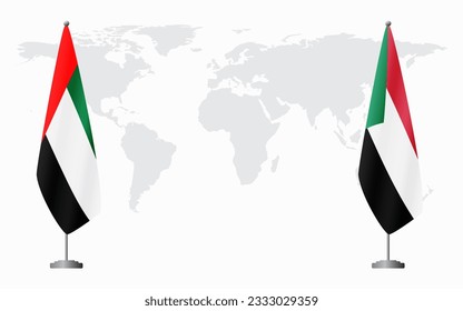 United Arab Emirates and Sudan flags for official meeting against background of world map.