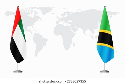 United Arab Emirates and Tanzania flags for official meeting against background of world map.
