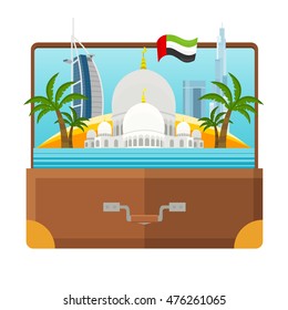 United Arab Emirates tourism poster design with attractions. Open suitcase with Emirates landmarks. Sheikh Zayed Mosque. Emirates travel poster design in flat. Travel composition with famous landmarks