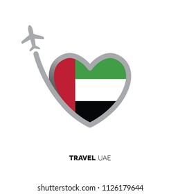 United Arab Emirates travel concept. Heart shape flag with airplane